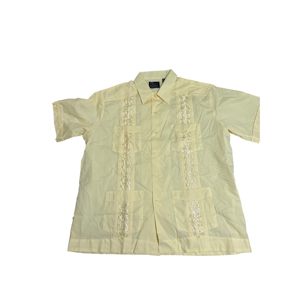 Haband of Paterson Mens XL Guayabera Shirt Yellow Embroidered Short Sleeve Cuban